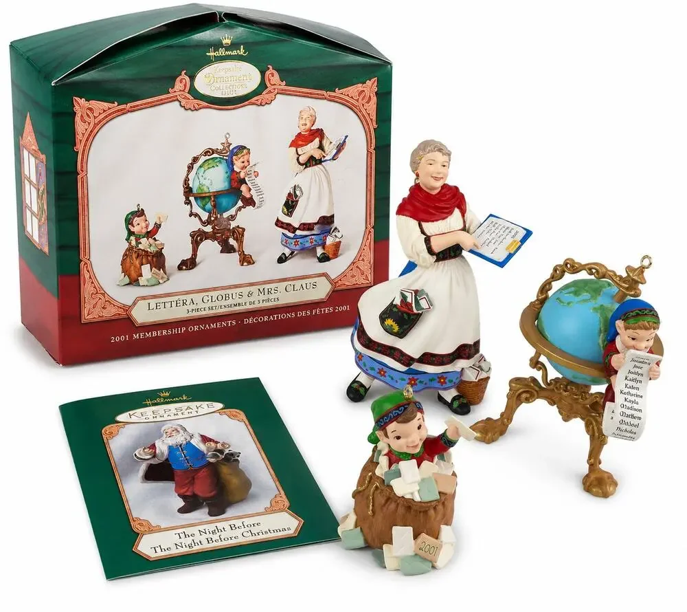 Hallmark Keepsake 2001 Lettera Globus Mrs Claus 3 Ornament Set Box